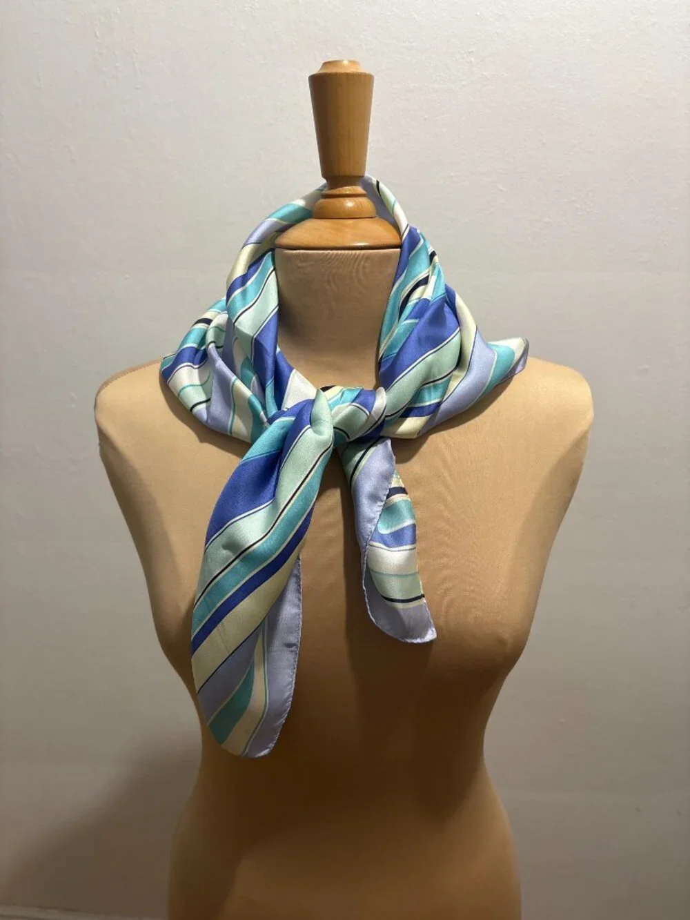 AK Anne Klein 100% silk rectangular scarf in blue, aqua & lemon stripe